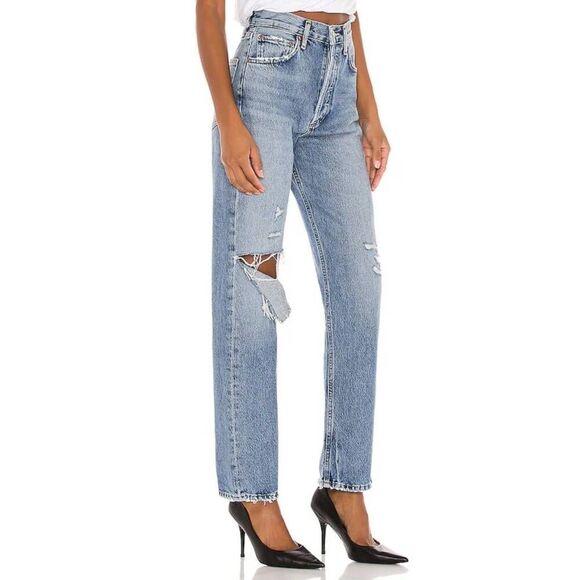 AGOLDE 90s Pinch Waist High Rise Straight Jeans 25 | Distressed Light Wash Denim - Picture 4 of 16